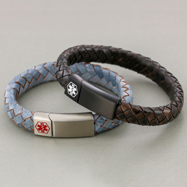 Bracelet en cuir Medical Alert avec gravures sur le devant et à l'intérieur