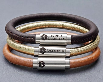 Medical Alert ID Bracelet made from genuine Napa leather. Available in 7 colors