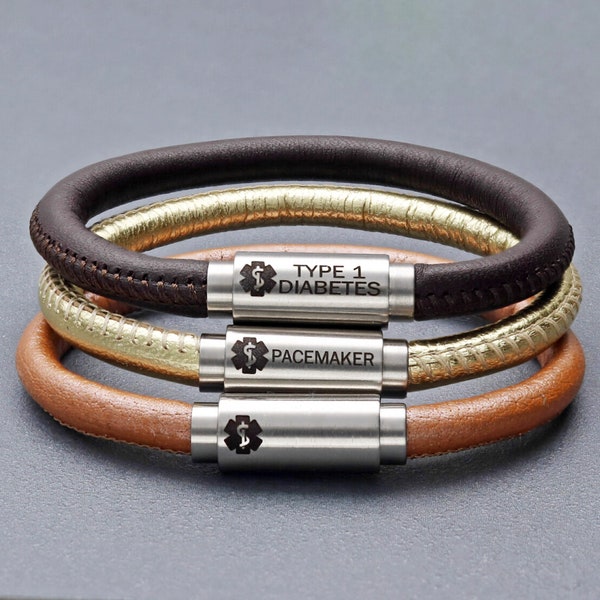 Medical Alert ID Bracelet made from genuine Napa leather. Available in 7 colors