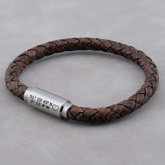 Leather Personalised Coordinates Bracelet, Personalized Latitude Longitude Bracelet in 12 colors