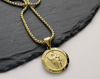 Pendentif Médaille Religieuse Vintage Double Face – Piéta Et Saint Christophe – Doré