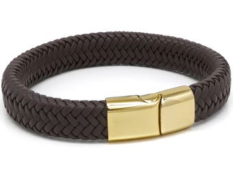 Waterproof Brown Leather Bracelet with a Gold Clasp