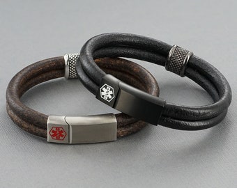 Medical Alert ID Bracelet with Soft Leather - Personalised, Any Engraving on Front and Inside - 16 17 18 19 20 21 22 23 24cm