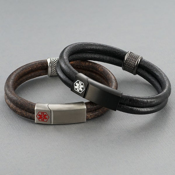 Medical Alert ID Bracelet with Soft Leather - Personalised, Any Engraving on Front and Inside - 16 17 18 19 20 21 22 23 24cm