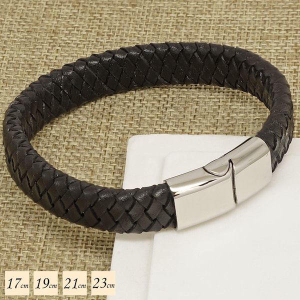 Boys Wide and Chunky Black Leather Bracelet with a Steel Clasp