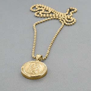 Mens Personalised St Christopher Necklace, Engraved Gold Stainless Steel Pendant, Personalised Engraving, Travel Gift, Stay Safe Gift