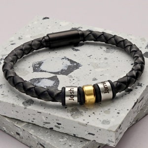 Men&#39;s Personalized Leather Bracelet with Matt Black Clasp • Engraved • Stainless Steel • Finest Italian Woven Leather