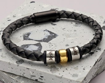 Men's Personalized Leather Bracelet with Matt Black Clasp • Engraved • Stainless Steel • Finest Italian Woven Leather