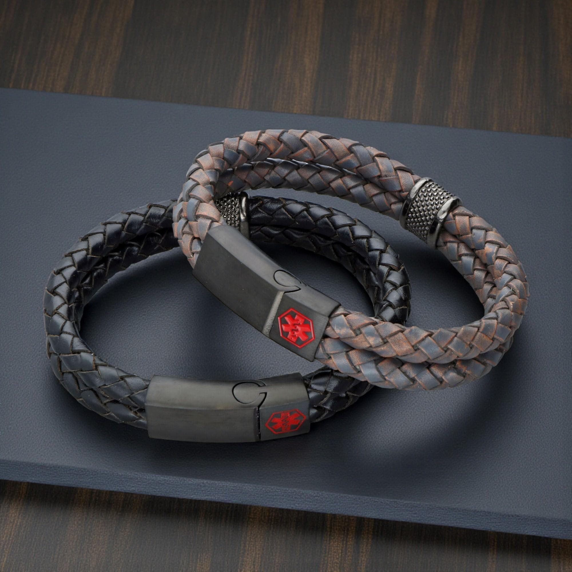 Engraved Medical Alert Bracelet, Braided Leather ID, Magnetic Clasp