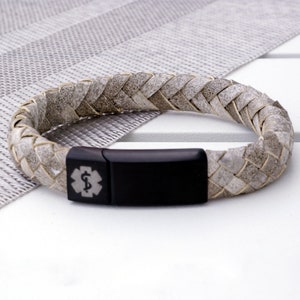 Customisable Pearl White Leather Medical Alert ID Bracelet with free Front and Inside engraving.