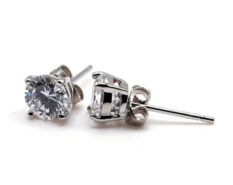 925 Sterling Silver Clear Round 6mm Cubic Zirconia CZ Diamante Stud Earrings