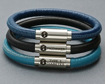 Medical Alert ID Bracelet made from genuine Napa leather. Available in 7 colors