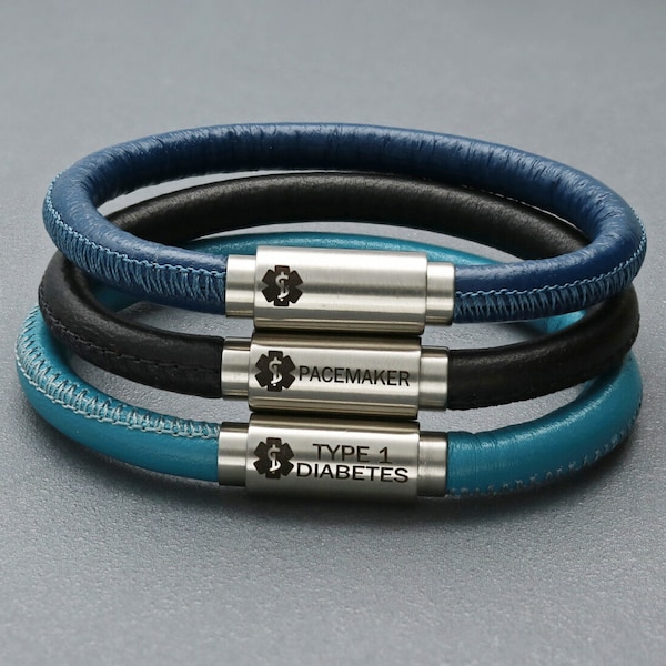 Medical Alert ID Bracelet made from genuine Napa leather. Available in 7 colors
