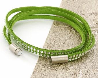 Girls Green Glass Studded Leather Wrap Bracelet for any wrist size