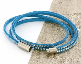 Girls Blue Glass Studded Leather Wrap Bracelet for any wrist size