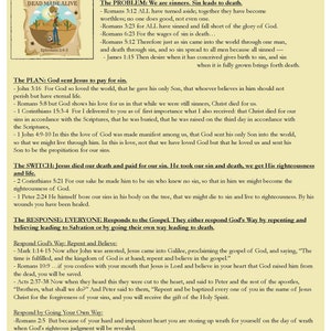 May include: A yellow and red poster with the text "WANTED DEAD MADE ALIVE" and a cartoon image of a person with a cowboy hat and a gun. The poster also includes the text "The Gospel" and a description of the Christian gospel, including the problem of sin, the plan of salvation, and the response to the gospel.