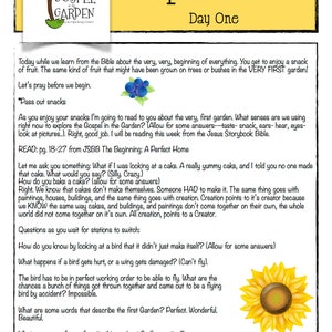 May include: A colorful printable worksheet with the title "Unpack and Snack Day One" and text about the very first garden. The worksheet includes a picture of a tree, a sunflower, and blueberries. The text includes questions about creation and the senses.