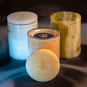 Onyx Stone Jar Refillable Candle | Coconut Wax Candle | Wood Wick | Reusable | Green Onyx | White Onyx | Custom Candle | Non-Toxic | 7 oz