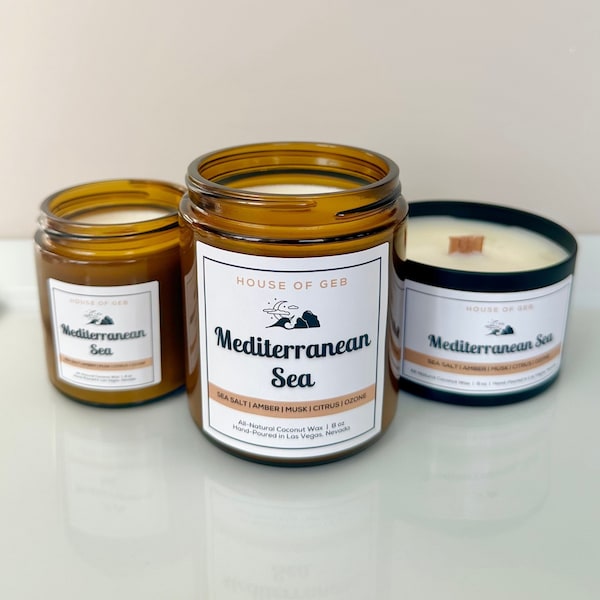 Mediterranean Sea Candle | Sea Salt | Amber | Musk | Citrus | Ozone | Coconut Wax Candle | Wood Wick | Clean Burning Candle | Non-Toxic