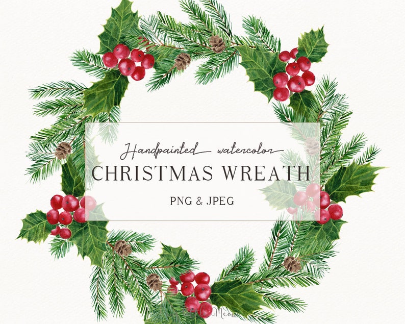 Holly christmas wreath clip art holly with berries wreath | Etsy