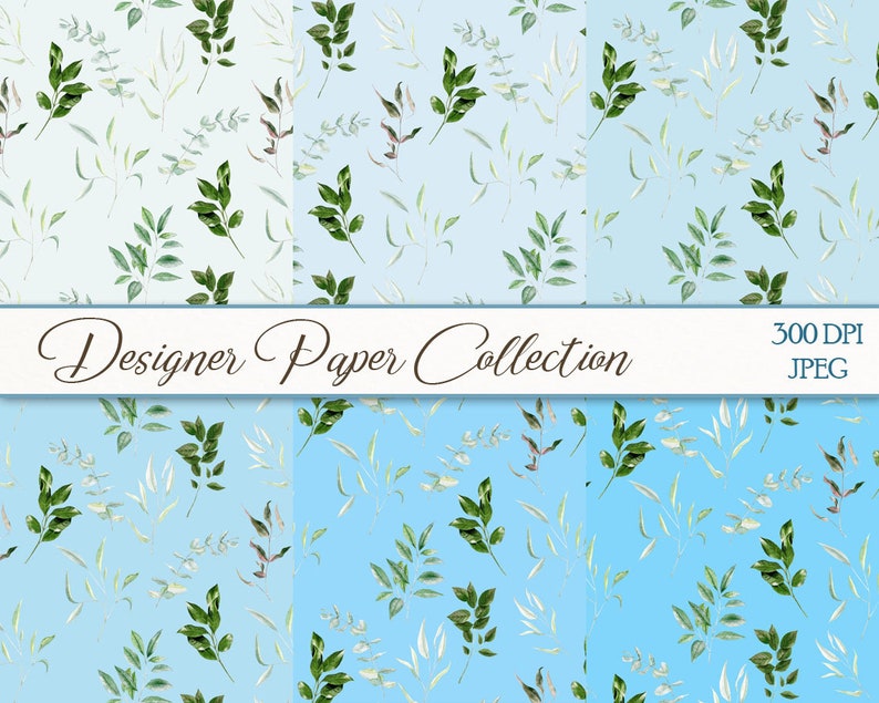 Greenry blue floral watercolor digital paper digital download paper set blue green botanical spring wedding watercolor papers #dp4