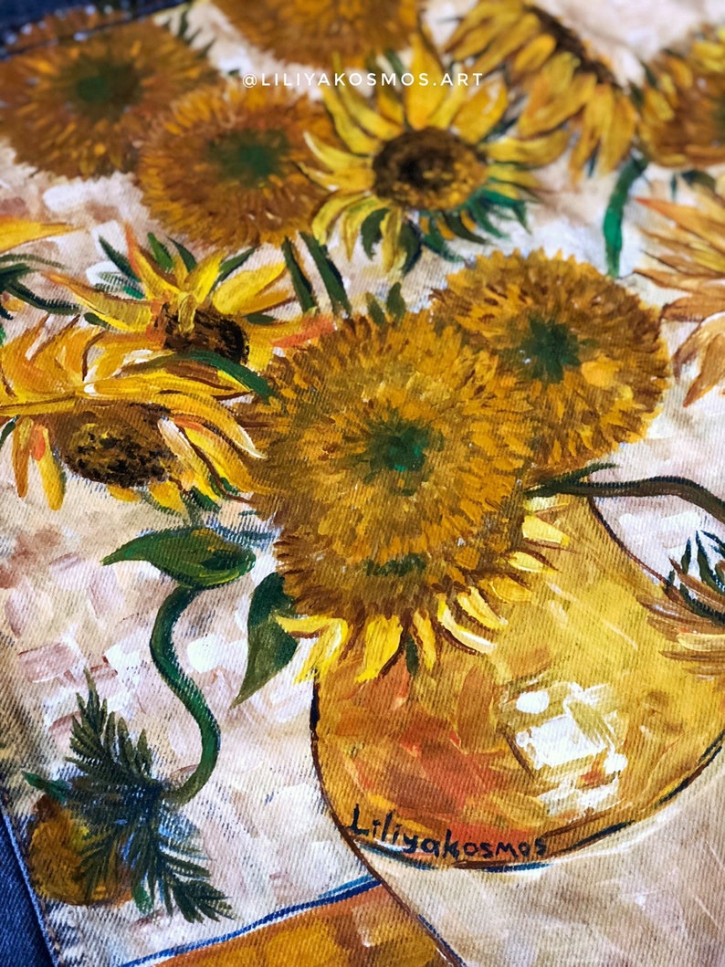 Hand painted custom denim jacket Van Gogh Sunflowers \u2022read the description\u2022
