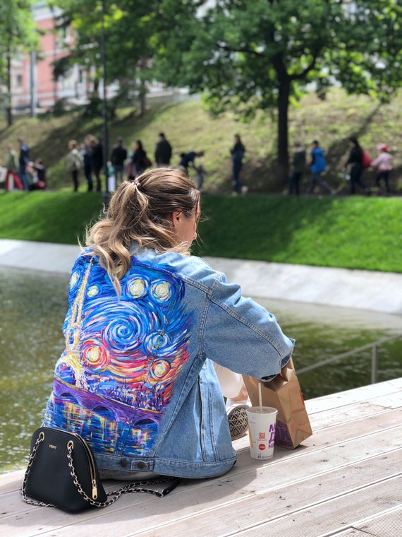Van Gogh Paris Starry Night Painted Custom Denim Jacket Etsy
