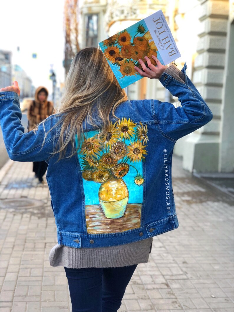 Painted custom Van Gogh Sunflowers denim jacket | Etsy