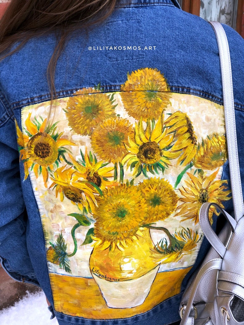 Hand painted custom denim jacket Van Gogh Sunflowers \u2022read the description\u2022