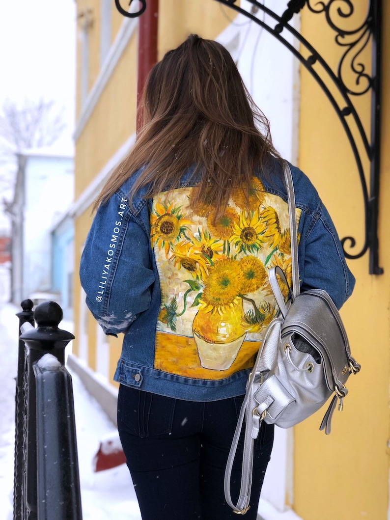 Hand painted custom denim jacket Van Gogh Sunflowers \u2022read the description\u2022