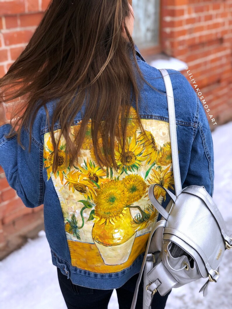 Hand painted custom denim jacket Van Gogh Sunflowers \u2022read the description\u2022