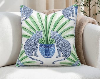 Blau Grün Leopard Kissenbezug - Chinoiserie Palm Leaf Print Akzent - Grandmillennial Preppy Designer Decor