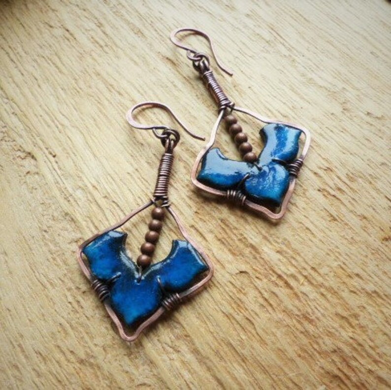 handcrafted tribal jewelry; blue earrings peacock blue medieval ethnic earrings set with medieval oxidized copper