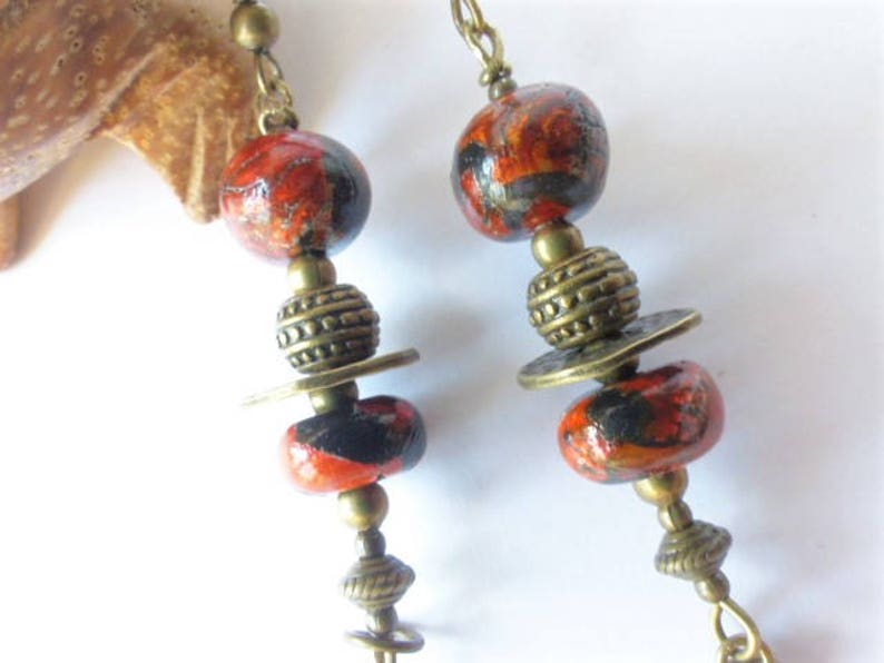 charms bronze beads ethnic black one of a kind unique gift polymer clay summer festival Long boho earrings copper orange gold hippie