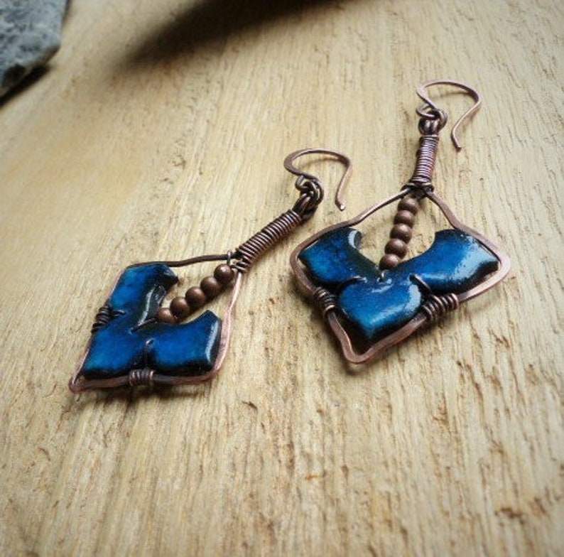 handcrafted tribal jewelry; blue earrings peacock blue medieval ethnic earrings set with medieval oxidized copper