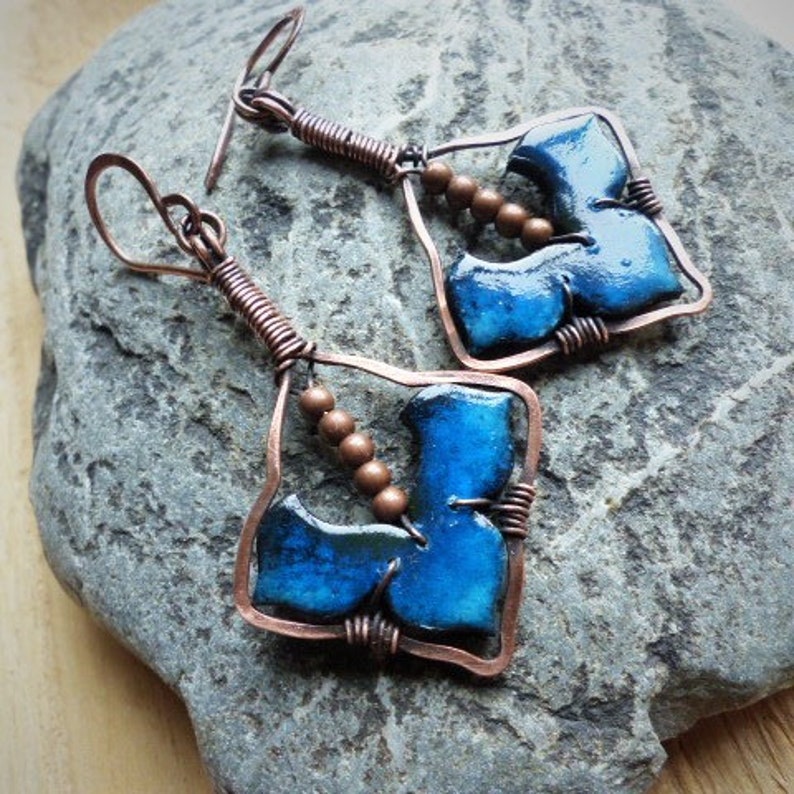 handcrafted tribal jewelry; blue earrings peacock blue medieval ethnic earrings set with medieval oxidized copper