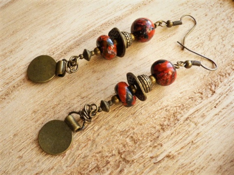 charms bronze beads ethnic black one of a kind unique gift polymer clay summer festival Long boho earrings copper orange gold hippie