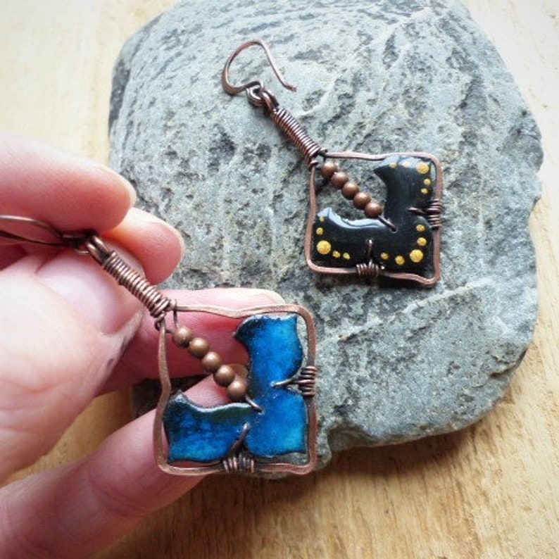 handcrafted tribal jewelry; blue earrings peacock blue medieval ethnic earrings set with medieval oxidized copper