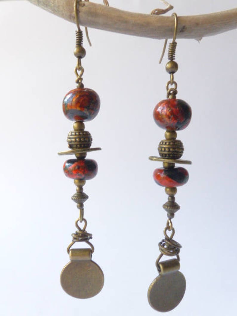charms bronze beads ethnic black one of a kind unique gift polymer clay summer festival Long boho earrings copper orange gold hippie