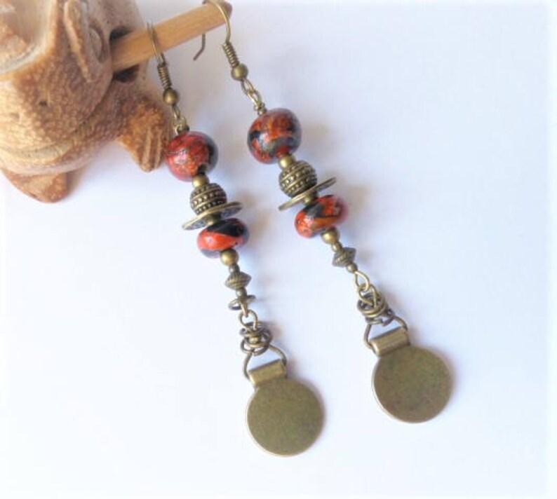 charms bronze beads ethnic black one of a kind unique gift polymer clay summer festival Long boho earrings copper orange gold hippie