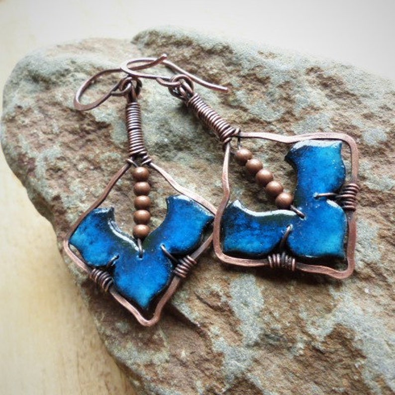 handcrafted tribal jewelry; blue earrings peacock blue medieval ethnic earrings set with medieval oxidized copper