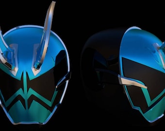 May include: A blue and black helmet with silver horns. The helmet has a visor and a detailed design.