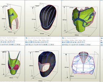 May include: 3D model designs for a black and green costume. The designs include a helmet, chest piece, boots, and other pieces. The designs are shown in a 3D modeling program with measurements in inches.