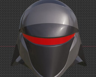 May include: A futuristic helmet with a sleek, gray design. The helmet has a red visor and a black faceplate.