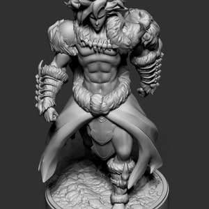May include: A gray 3D printed figurine of a muscular, humanoid figure with spiky hair, wearing a fur-lined garment and holding a weapon. The figure is standing on a round base.