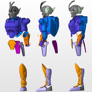 May include: A disassembled action figure with multiple parts, including a head, torso, arms, legs, and accessories. The figure is primarily blue, purple, and orange.