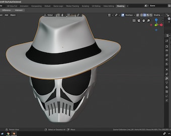 May include: A 3D render of a white fedora hat with a black band, positioned above a stylized, white skull mask. The mask features large eye sockets and a geometric design over the mouth area. The overall aesthetic suggests a digital art or design project.