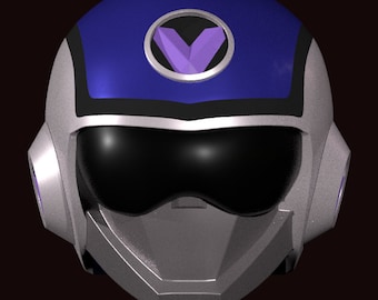 May include: A futuristic helmet design in shades of blue and silver. The helmet features a dark visor, a circular emblem with a purple V, and a sleek, angular shape. The design suggests a sci-fi or cosplay theme.