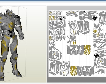 May include: A 3D model of a gray and gold robot suit with a detailed design. The model is shown in a 3D modeling program with a grid background and measurements in inches.