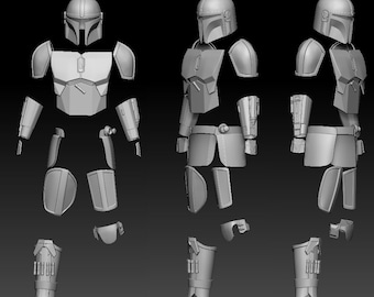 May include: A 3D printed model of a Mandalorian helmet and armor, disassembled into individual pieces. The model is made of a light gray plastic and is ready for assembly.
